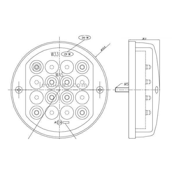 Feu de recul LED Rond Transparent 24V de Was | leonleds