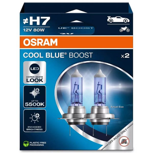 Bombillas H7 Luz Muy Blanca 12V +50% 5500K Cool Blue Boost 80W 62210CBB-2HB Osram