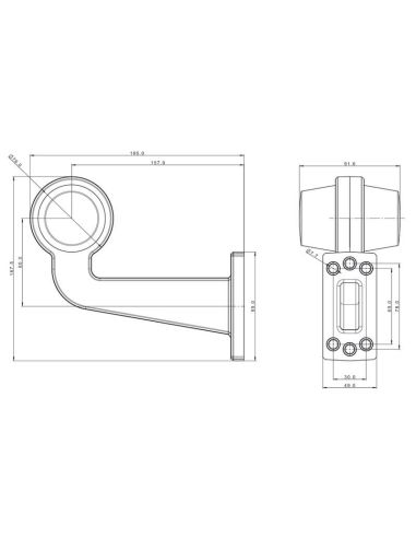 Medidas Piloto LED galibo de brazo FT-147 F L B/C – Luz Blanca-Roja, 12-36V, Brazo Angular Largo