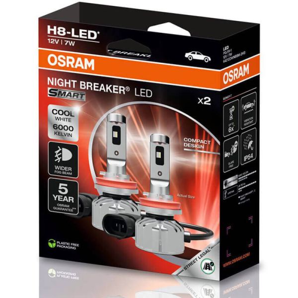 Caixa de faróis de nevoeiro LED OSRAM NIGHT BREAKER® LED SMART H8 – 6000K, homologação para vias públicas 64212DWNBSM-2HB