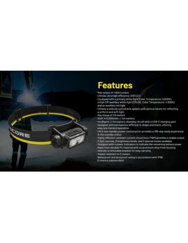 Linterna Frontal LED NU53 NITECORE 2000Lm Recargable USB-C | LeonLeds