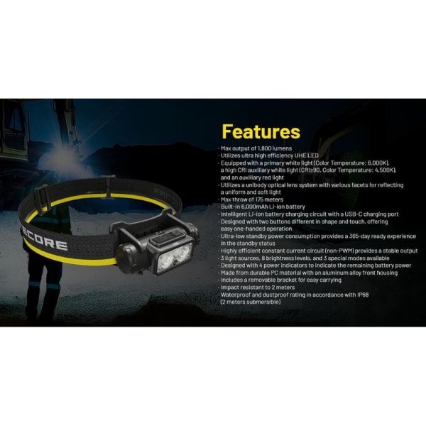Linterna Frontal LED NU53 NITECORE 2000Lm Recargable USB-C | LeonLeds