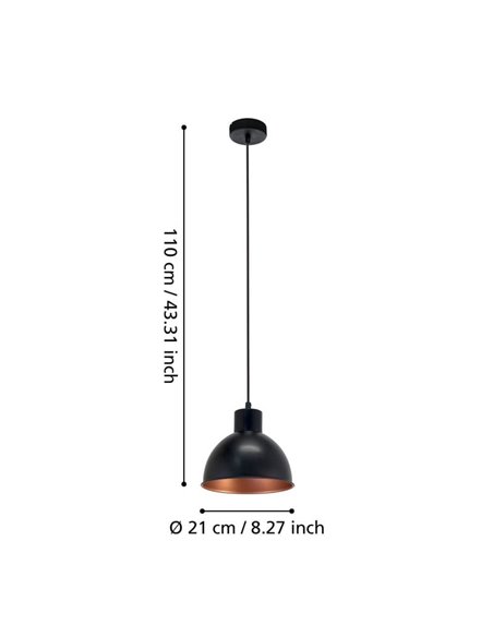 Lámpara colgante de acero negro con interior en cobre  Ø21cm TRURO 1, 1xE27