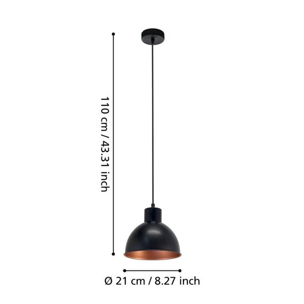 Lámpara colgante de acero negro con interior en cobre  Ø21cm TRURO 1, 1xE27