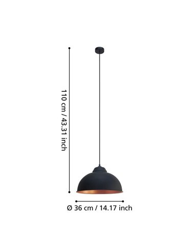 Luminária pendente em aço preto com interior em cobre Ø37cm TRURO 2, 1xE27