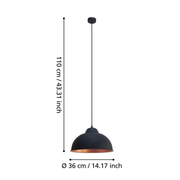 Luminária pendente em aço preto com interior em cobre Ø37cm TRURO 2, 1xE27