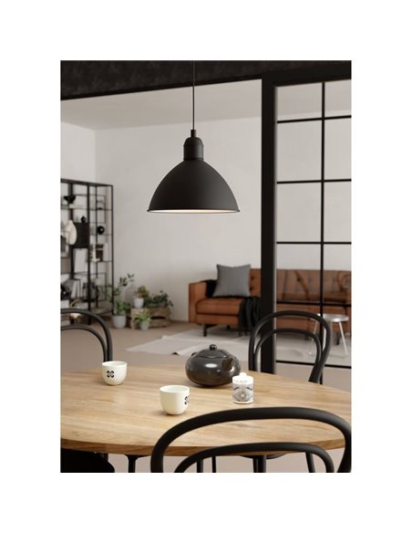 Lámpara colgante industrial PRIDDY, acero negro con interior blanco, 1xE27