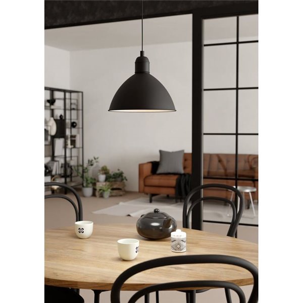 Luminária pendente industrial PRIDDY, aço preto com interior branco, 1xE27