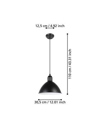 Luminária pendente industrial PRIDDY, aço preto com interior branco, 1xE27
