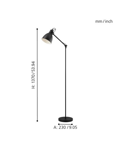 Lampadaire flexo industriel, PRIDDY, métal noir avec intérieur blanc 1xE27