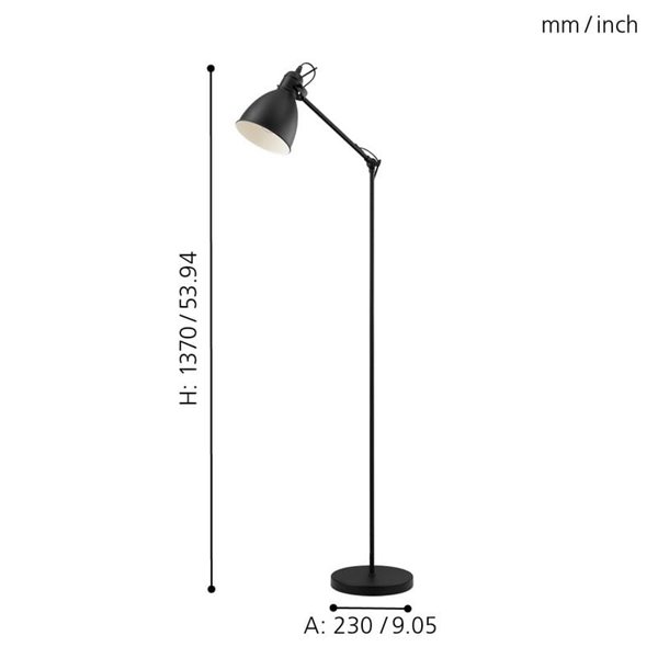Lampadaire flexo industriel, PRIDDY, métal noir avec intérieur blanc 1xE27