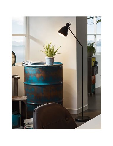 Lampadaire flexo industriel, PRIDDY, métal noir avec intérieur blanc 1xE27