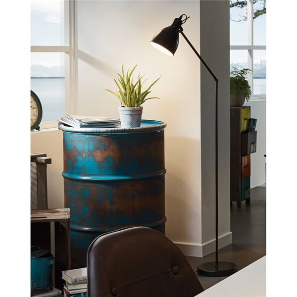 Lampadaire flexo industriel, PRIDDY, métal noir avec intérieur blanc 1xE27