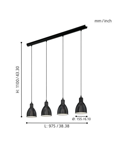 Lámpara de techo con 4 Luminarias colgantes, de metal en negro con interior blanco PRIDDY, 4xE27