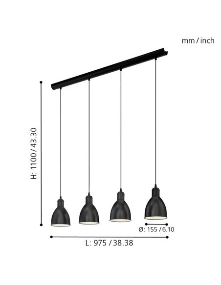 Lámpara de techo con 4 Luminarias colgantes, de metal en negro con interior blanco PRIDDY, 4xE27