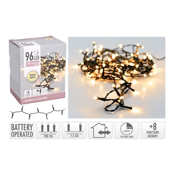 Guirnalda LED a pilas, 7,5m, 96 Leds, blanco cálido, programador con memoria,  IP44 (interior/exterior)