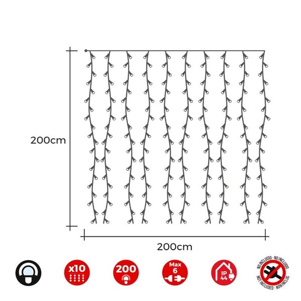 Cortina LED de 10 tiras, blanco frío 2x2m, multifunción, Easy-Connect, IP44 (interior/exterior), sin transformador