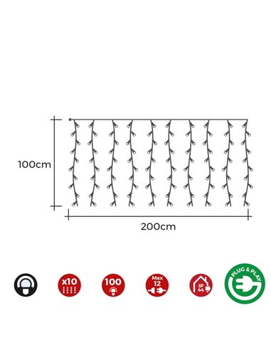 Cortina LED de 10 tiras con programador Easy-Connect blanco frío, 2x1m, 8 funciones, IP44 (interior/exterior)