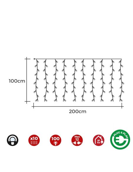 Cortina LED de 10 tiras con programador Easy-Connect blanco frío, 2x1m, 8 funciones, IP44 (interior/exterior)