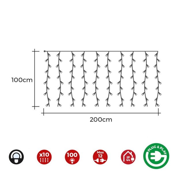Cortina LED de 10 tiras con programador Easy-Connect blanco frío, 2x1m, 8 funciones, IP44 (interior/exterior)