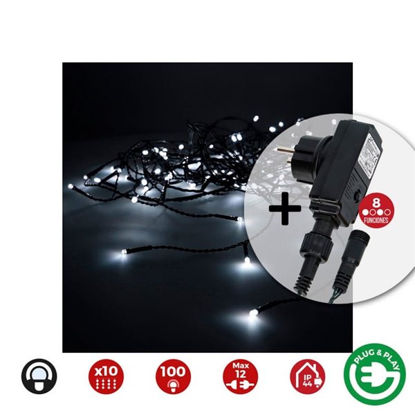 Cortina LED de 10 tiras con programador Easy-Connect blanco frío, 2x1m, 8 funciones, IP44 (interior/exterior)