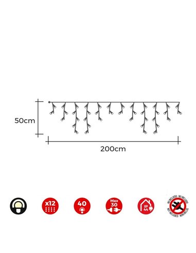 Cortina LED icicle 40 Leds easy-connect 2x0,5m, 12 tiras, blanco cálido/frio, IP44 (interior/exterior)