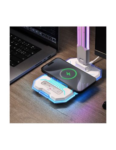 Flexo LED GAMER con luz de colores en su estructura, 10W 450Lm, CCT RGB Dimable blanco, con base para ccargar y microfono integr