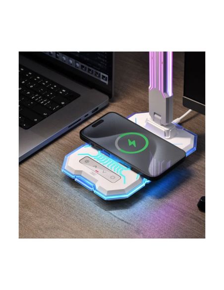 GAMER LED flexo com luz colorida em sua estrutura, 10W 450Lm, CCT RGB Dimable branco, com base de carregamento e microfone integ