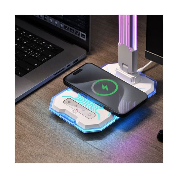 Flexo LED GAMER con luz de colores en su estructura, 10W 450Lm, CCT RGB Dimable blanco, con base para ccargar y microfono integr
