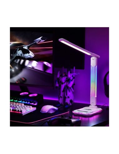 Flexo LED GAMER con luz de colores en su estructura, 10W 450Lm, CCT RGB Dimable blanco, con base para ccargar y microfono integr