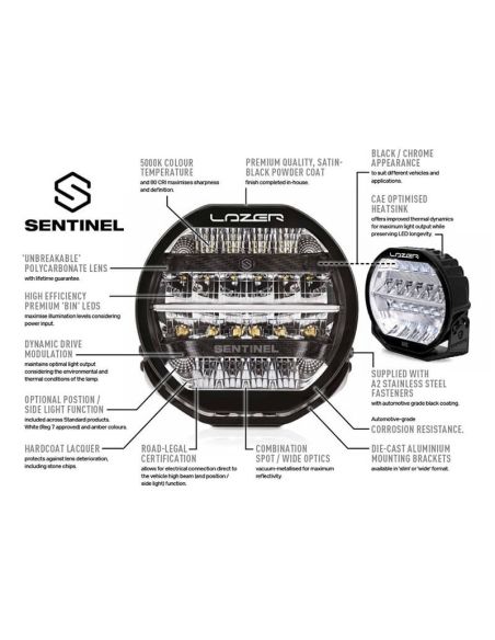 Faro LED Sentinel 9'' Elite Black con E-Boost - Alta Potencia y Diseño Premium 20 Puntos de Luz Lazer