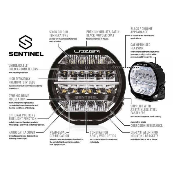 Faro LED Sentinel 9'' Elite Black con E-Boost - Alta Potencia y Diseño Premium 20 Puntos de Luz Lazer