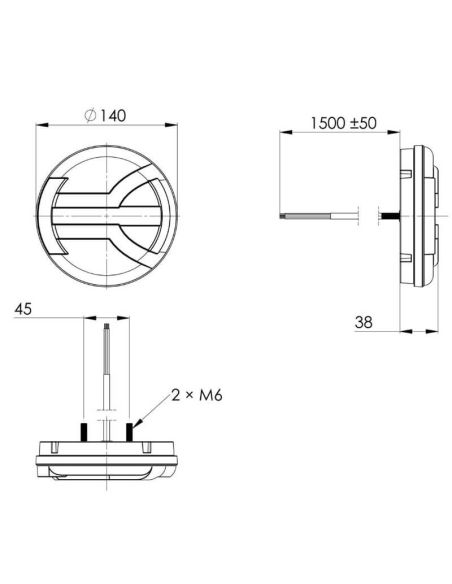 Mesures du voyant LED rond avec position, clignotant, frein, antibrouillard et feu de recul 5 fonctions