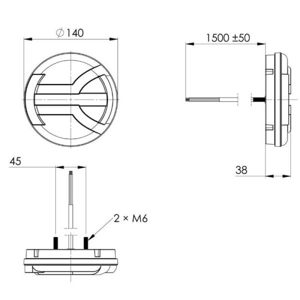 Medidas de Piloto LED redondo con luz Posición, Intermitente, Freno, Niebla y Marcha atrás 5 Funciones