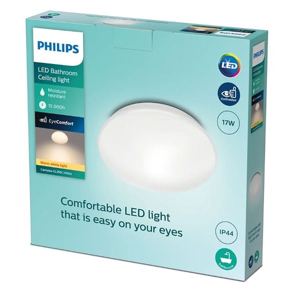 Plafón de Techo LED para baños, 17W 1500Lm, 2700K CANOPUS blanco, estanco al agua, EyeComfort