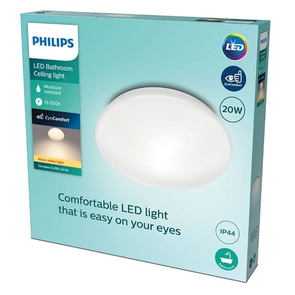 Plafón de Techo LED para baños, 20W 2000Lm, 2700K CANOPUS blanco, estanco al agua, EyeComfort