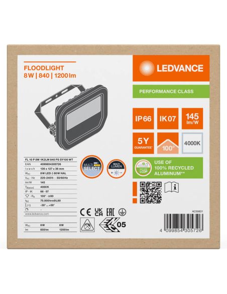 Holofote LED Branco para Exterior FL 10 P 8W - Alta Eficiência e Durabilidade IP66 1.200Lm Gen4 4000K Ledvance