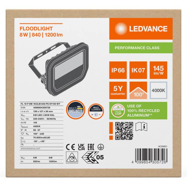 Proyector LED para Exterior Blanco FL 10 P 8W - Alta Eficiencia y Durabilidad IP66 1.200Lm Gen4 4000K Ledvance