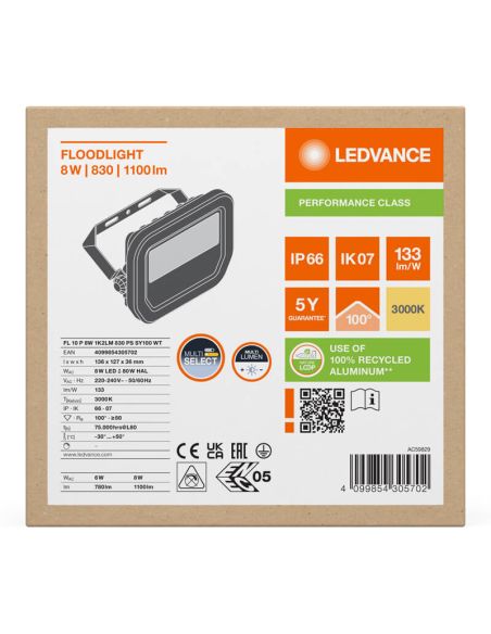 Holofote LED Branco para Exterior FL 10 P 8W - Alta Eficiência e Durabilidade IP66 1.200Lm Gen4 3000K Ledvance