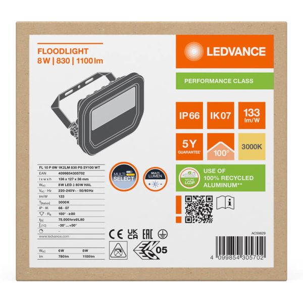 Holofote LED Branco para Exterior FL 10 P 8W - Alta Eficiência e Durabilidade IP66 1.200Lm Gen4 3000K Ledvance