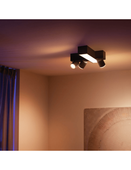 Plafón de techo LED regulable Centris Hue negro 25W encendidas en un salón | LeonLeds