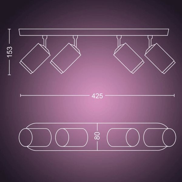 Spot intelligent 4 lumières noir mesures du produit Fugato | LéonLeds