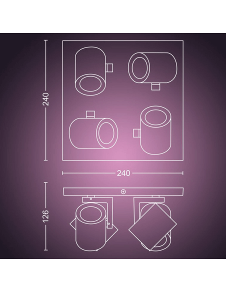 Spot intelligent avec 4 lumières blanches Argenta 5,7W GU10 2000-6500K RGB Mesures HueWhite et Color Ambiance