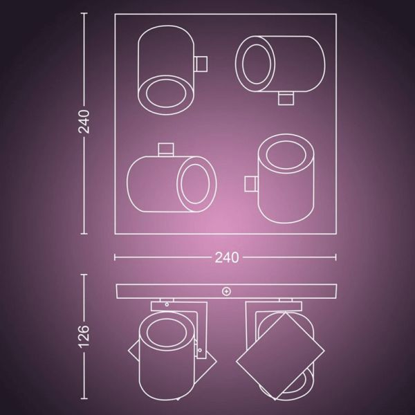 Spot intelligent avec 4 lumières blanches Argenta 5,7W GU10 2000-6500K RGB Mesures HueWhite et Color Ambiance