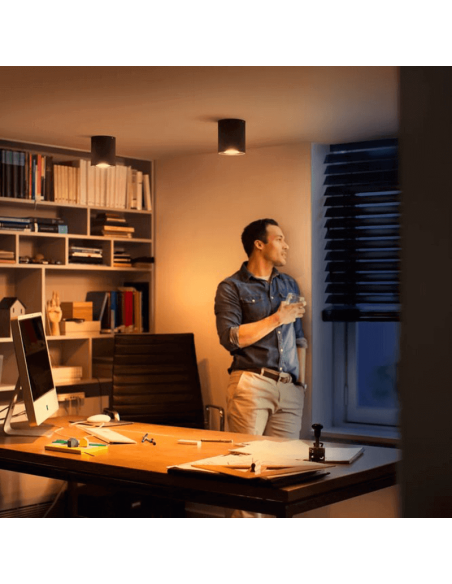 Refletor LED de pilar único, luz quente preta em um escritório