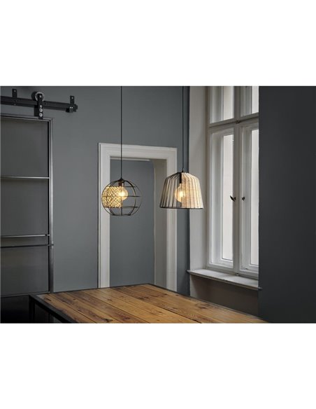 CAGE BELL luminária de teto industrial tipo gaiola, preto E27 e detalhes em rattan