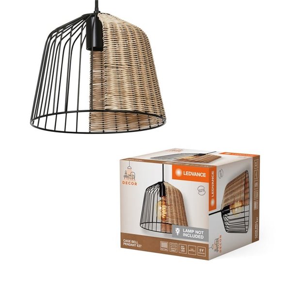 CAGE BELL luminária de teto industrial tipo gaiola, preto E27 e detalhes em rattan