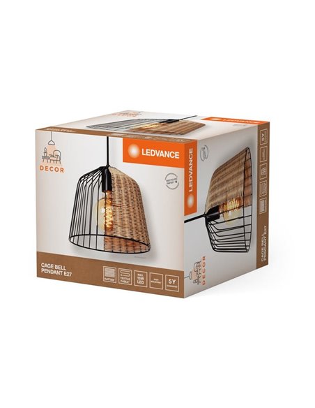 Lámpara de Techo colgante tipo jaula industrial CAGE BELL, E27 negra y detalle ratán