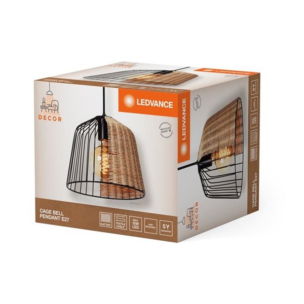 CAGE BELL luminária de teto industrial tipo gaiola, preto E27 e detalhes em rattan