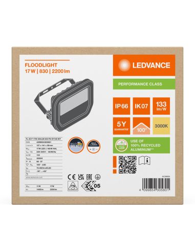 Holofote LED branco para exterior de 17 W com membrana de dissipação de calor - FL 20 P 2K4LM IP66 2.400 Lm Gen4 3000 K